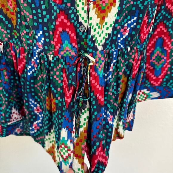 Maeve Anthropologie Pintuck Aztec Pattern Roll Tab Sleeve Tie Button Blouse 4 - Picture 8 of 11